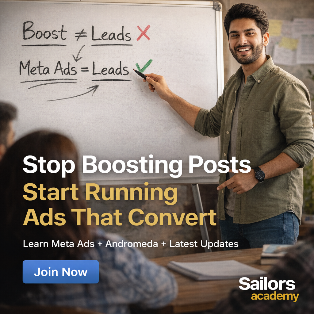Sailors Academy Facebook ad: Boost ≠ Leads. Learn Meta Ads