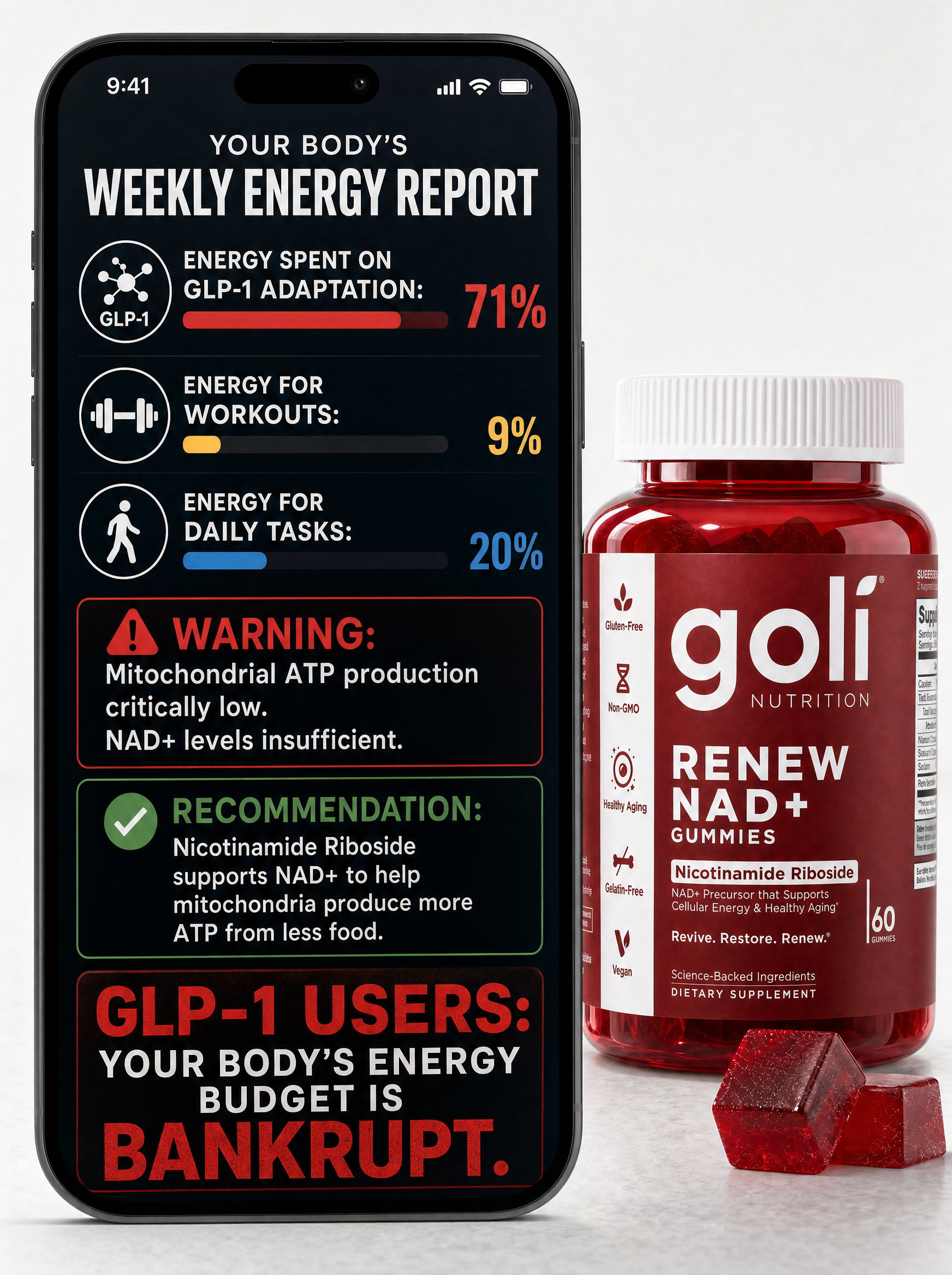 Goli Facebook ad: On a GLP-1 and Running on Empty?