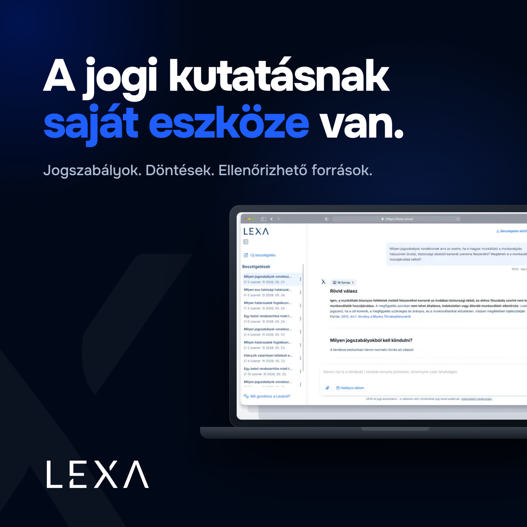 LEXA - AI Legal Research Assistant Facebook ad: Jogi kérdéshez jogi kutatóeszköz kell