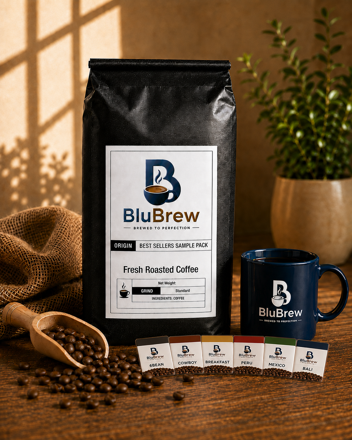BluBrew Co Facebook ad: 6 Coffees. One Bag. Find Your Favorite.