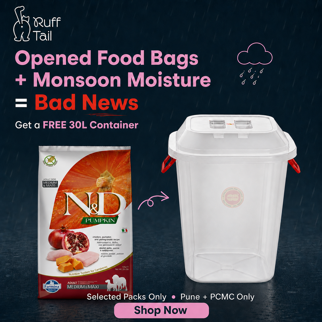 Rufftail Facebook ad: Protect Pet Food This Monsoon