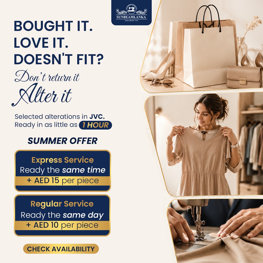 Sunbeamlanka Tailoring JVC DUBAI Facebook ad from Aug 18, 2026