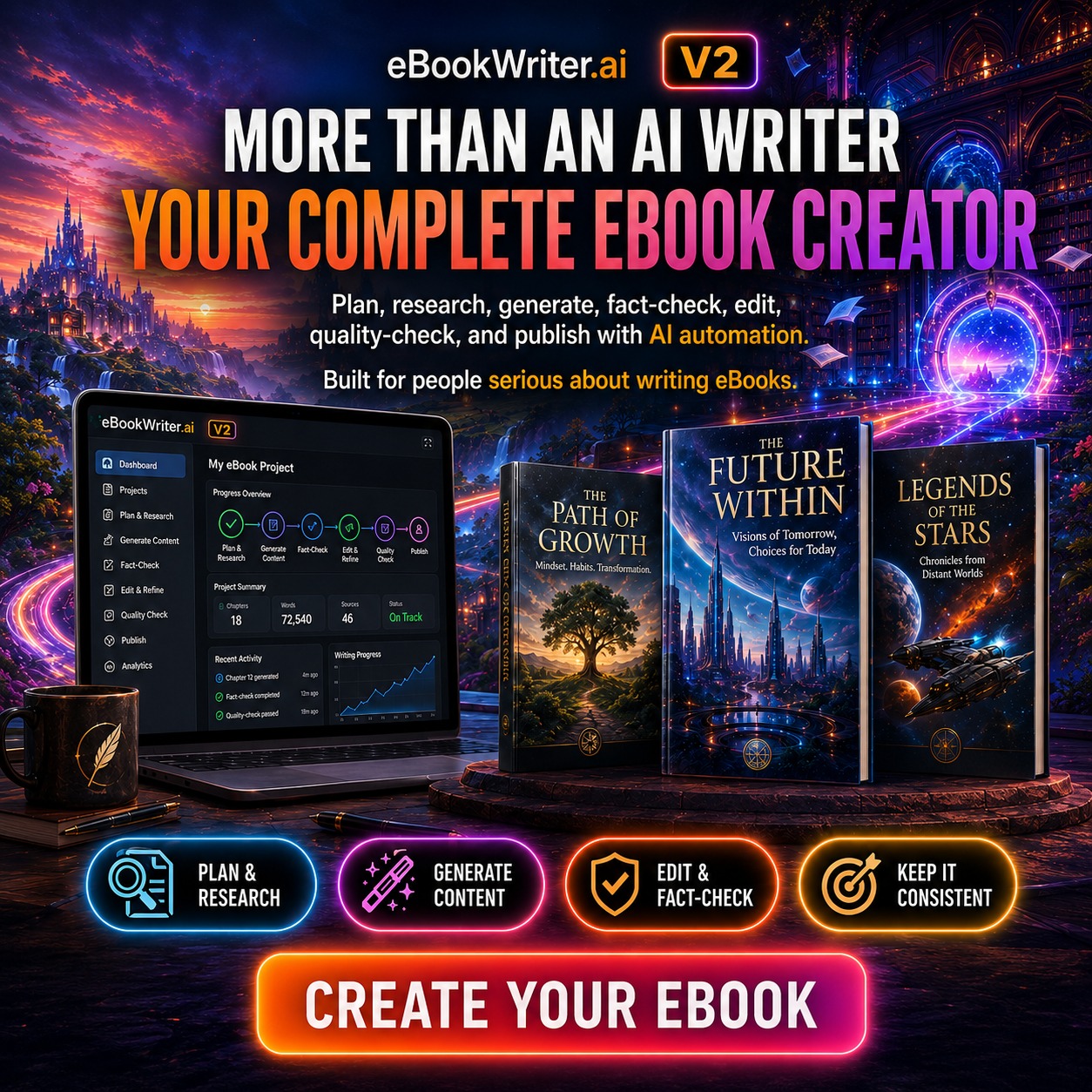 DARKCore AI Facebook ad: eBookWriter AI. Create, Publish & Profit From AI eBooks in…