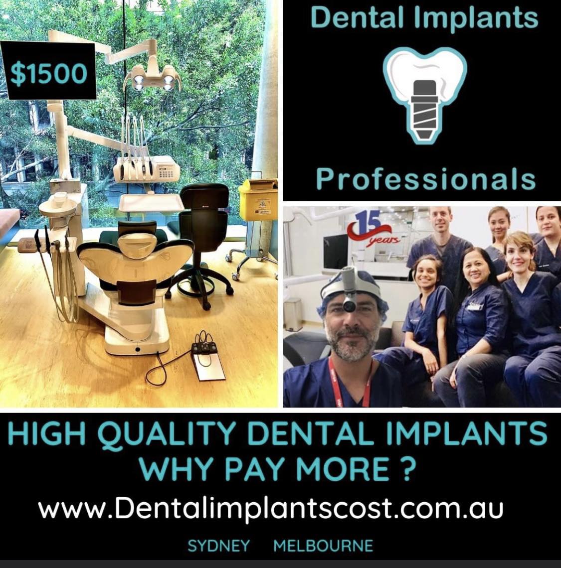 Dental Implant Professionals Facebook ad: $1500 High Quality Dental Implants? Why Pay More? 18 Years…