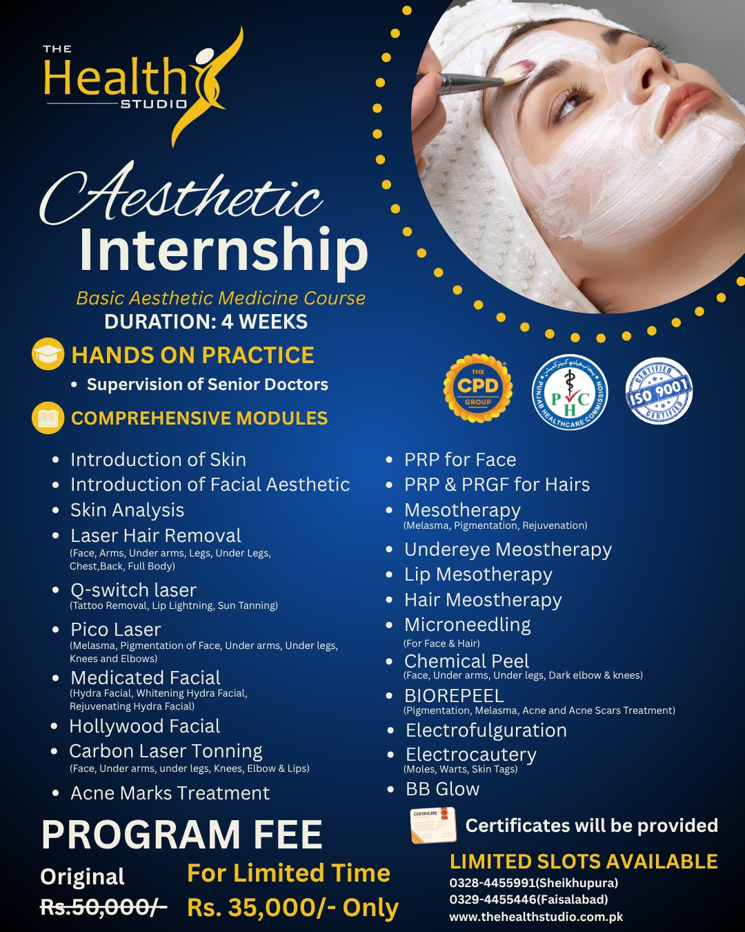 The Health Studio Faisalabad Facebook ad: Diploma in Aesthetic Medicine, Level 1 & Level 2