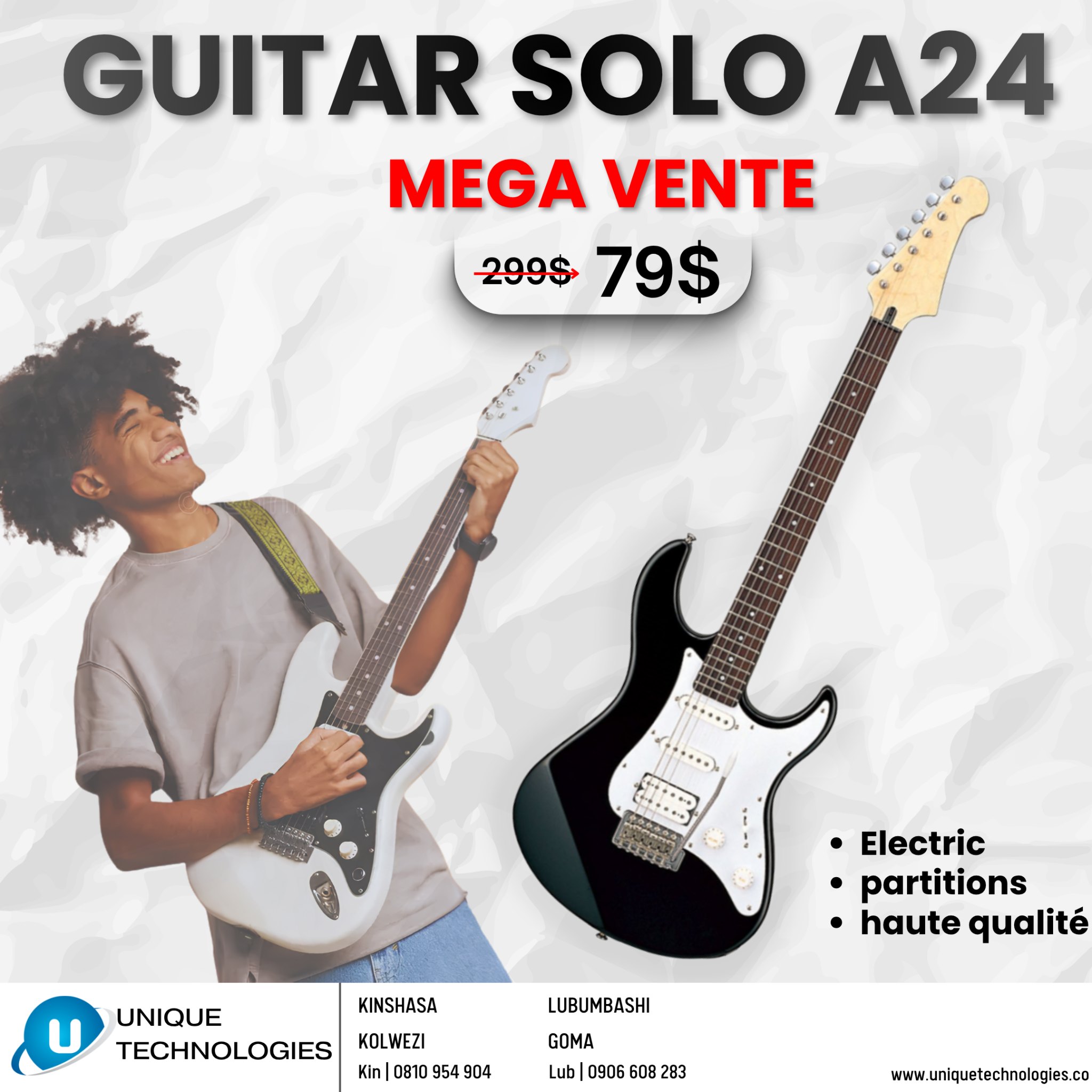 Unique Technologies Lubumbashi Facebook ad: MÉGA PROMOTION SUR LES GUITARES!