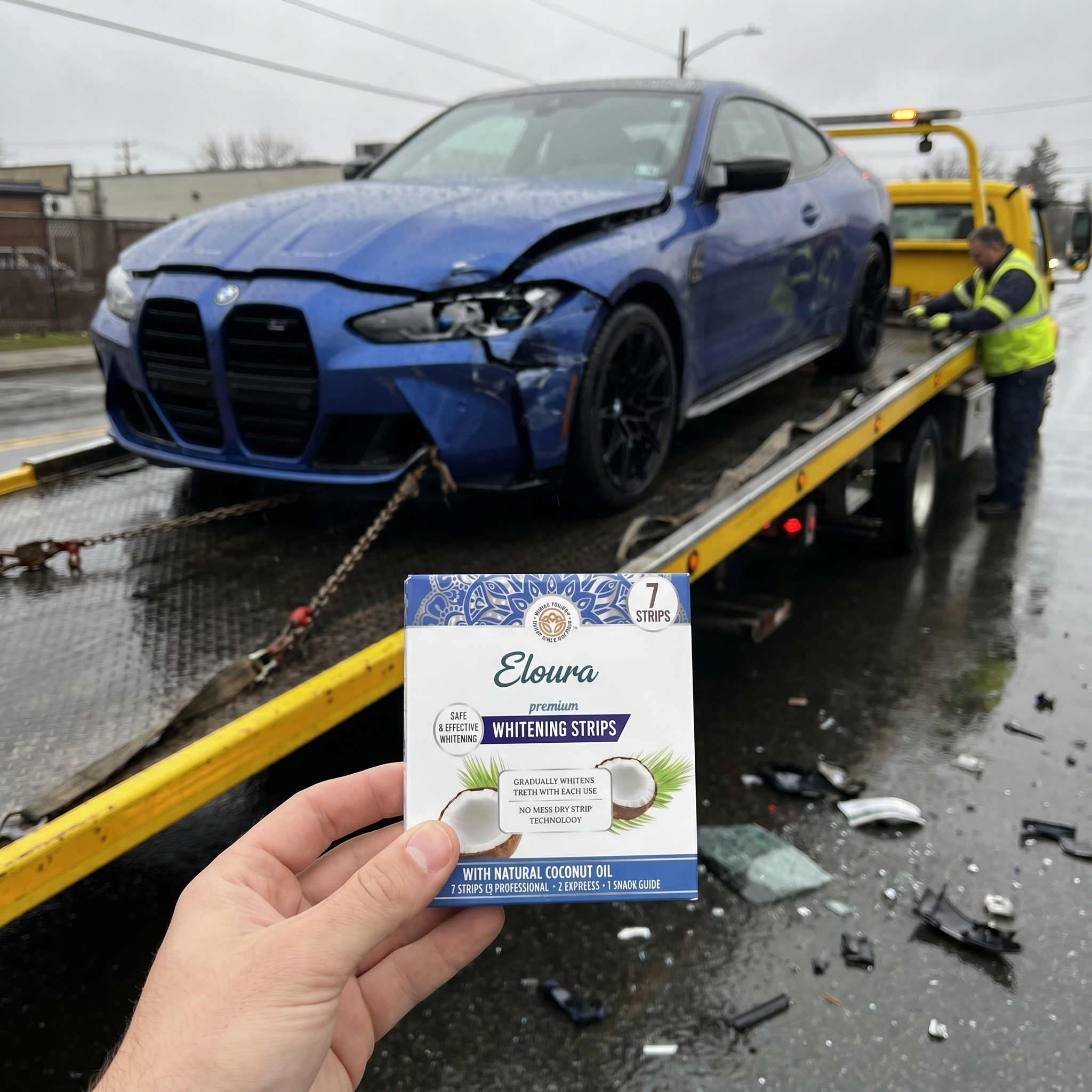 Sophia Flores Facebook ad: I crashed my car getting my teeth whitened.