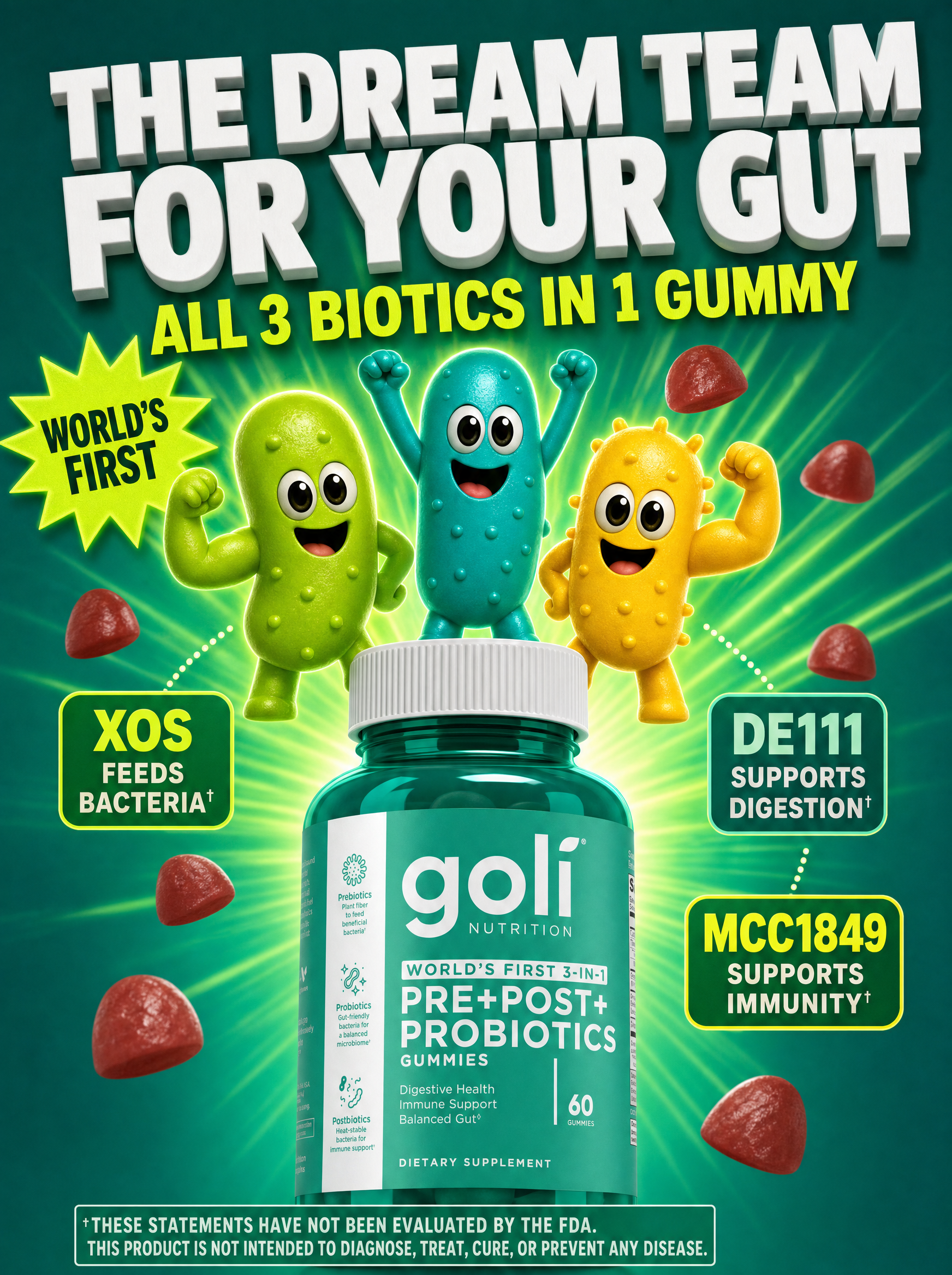 Goli Facebook ad: Three Biotics. One Gummy. World's First.