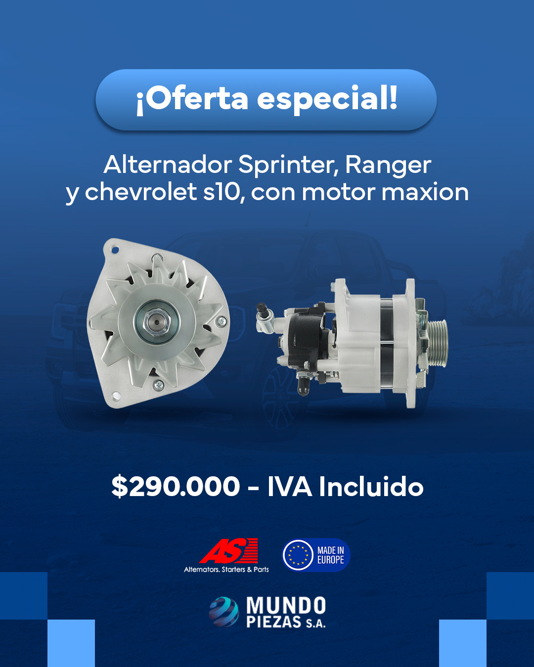 Mundo Piezas SA Facebook ad: Alternador para Sprinter, Ranger y Chevrolet S10 (motor…