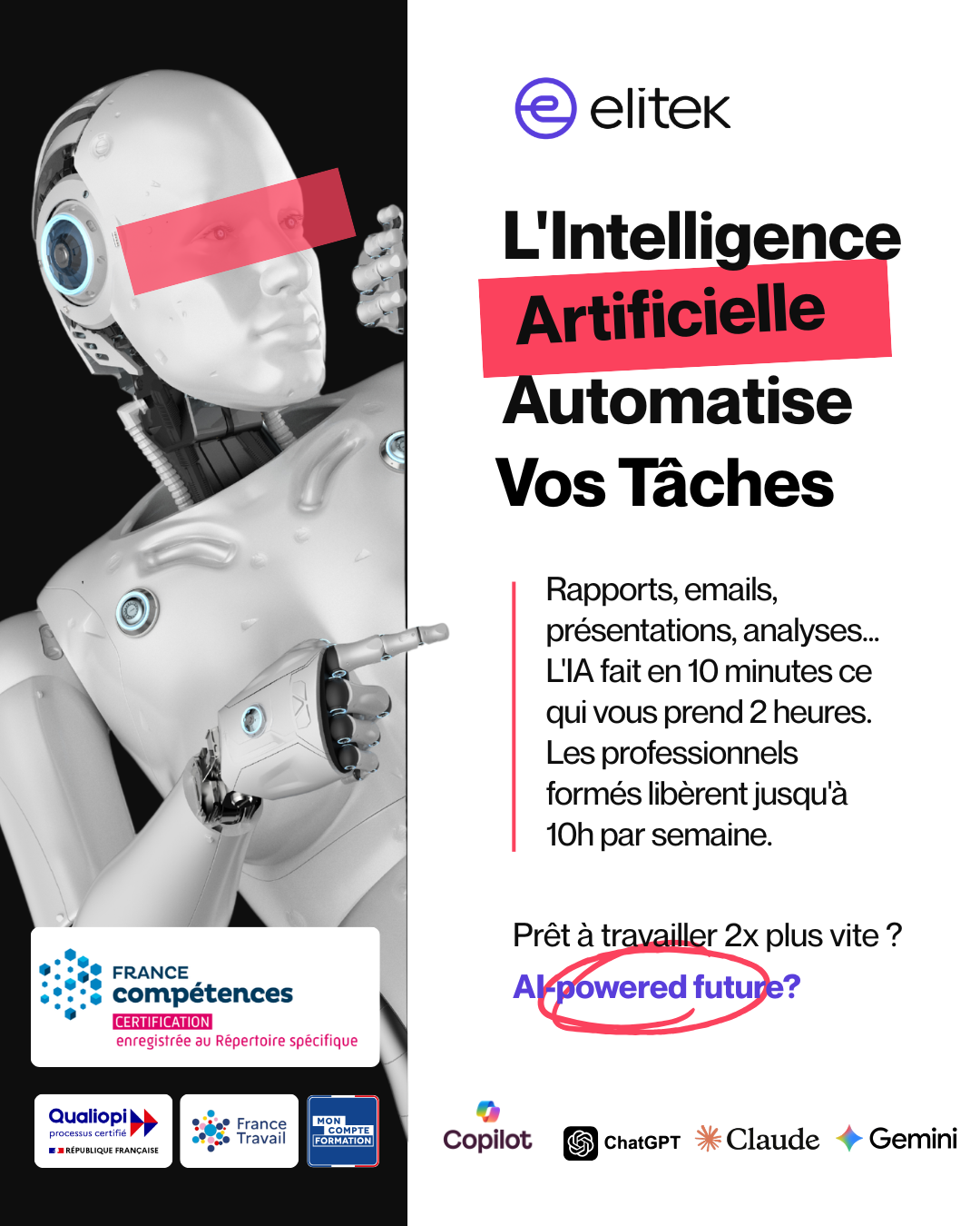 elitek Facebook ad: Formation Intelligence Artificielle Certifiante, 23h