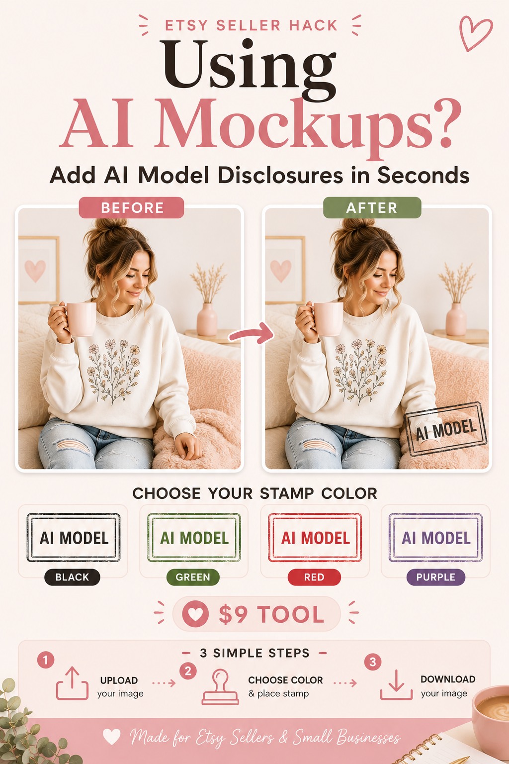 Angie Sale Corbitt Facebook ad: AI Model Stamp Tool, NY Disclosure Compliance for Etsy…