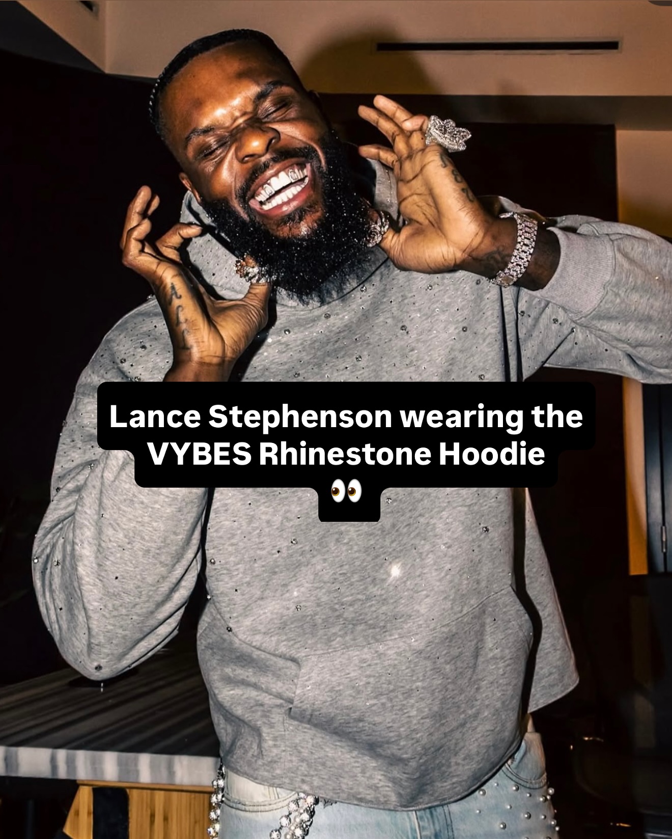 VYBES Facebook ad: The VYBES Rhinestone Hoodie got @stephensonlance shining…