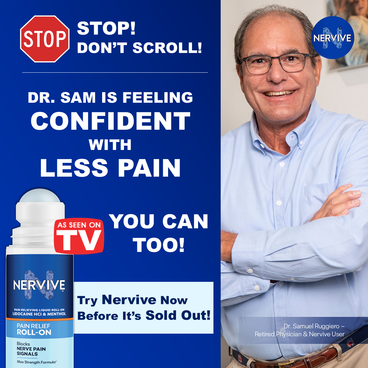 Nervive Facebook ad: NERVIVE PAIN RELIEF ROLL ON