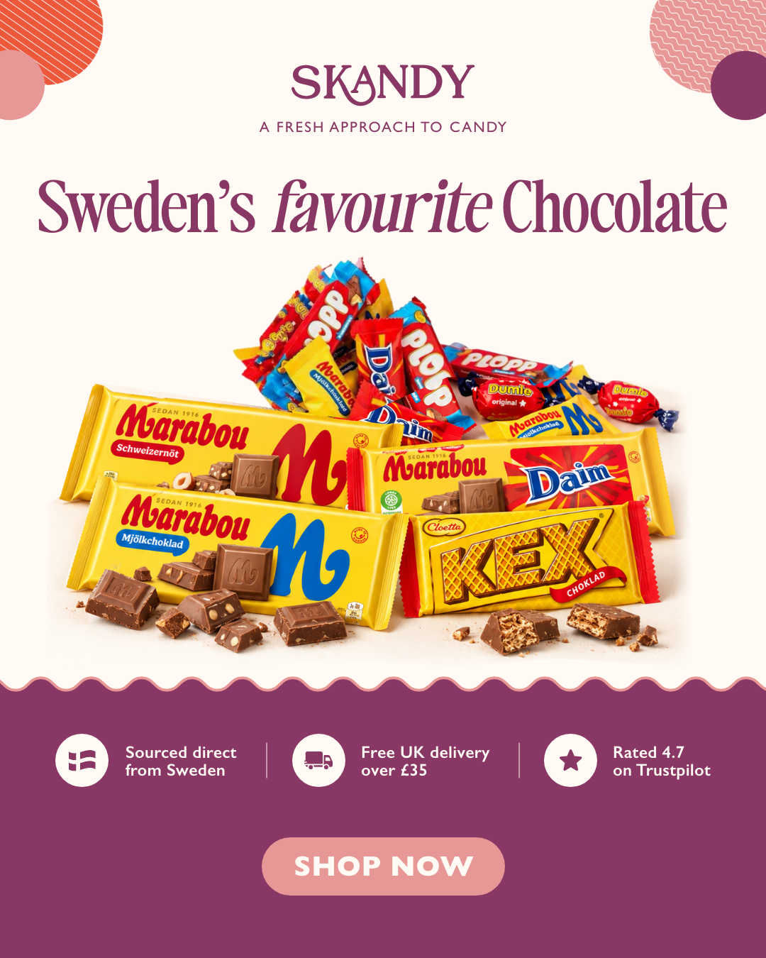 Skandy.uk Facebook ad: Marabou, Daim & Kexchoklad