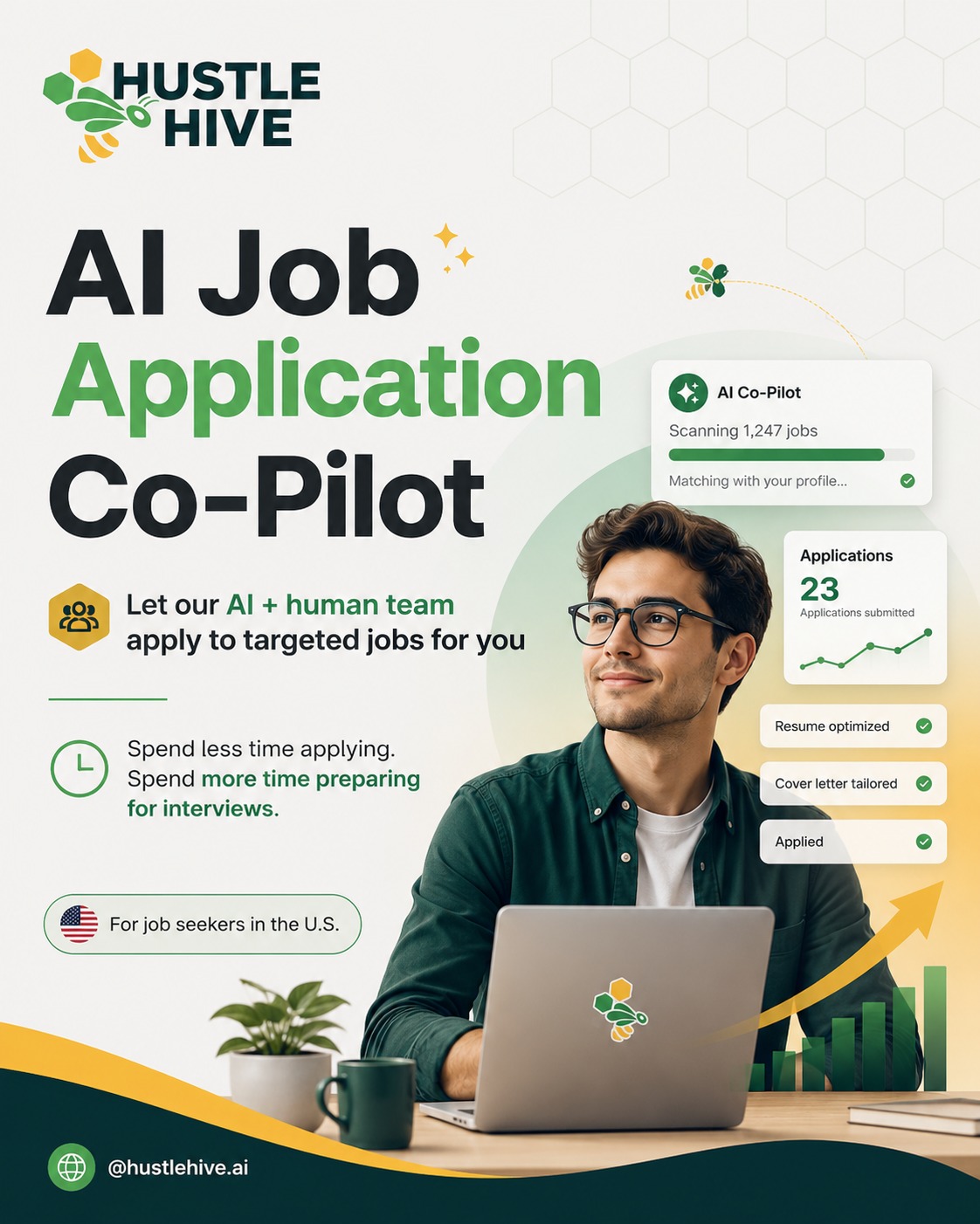 Hustle Hive Ai Facebook ad: Job searching can feel like a full-time job…