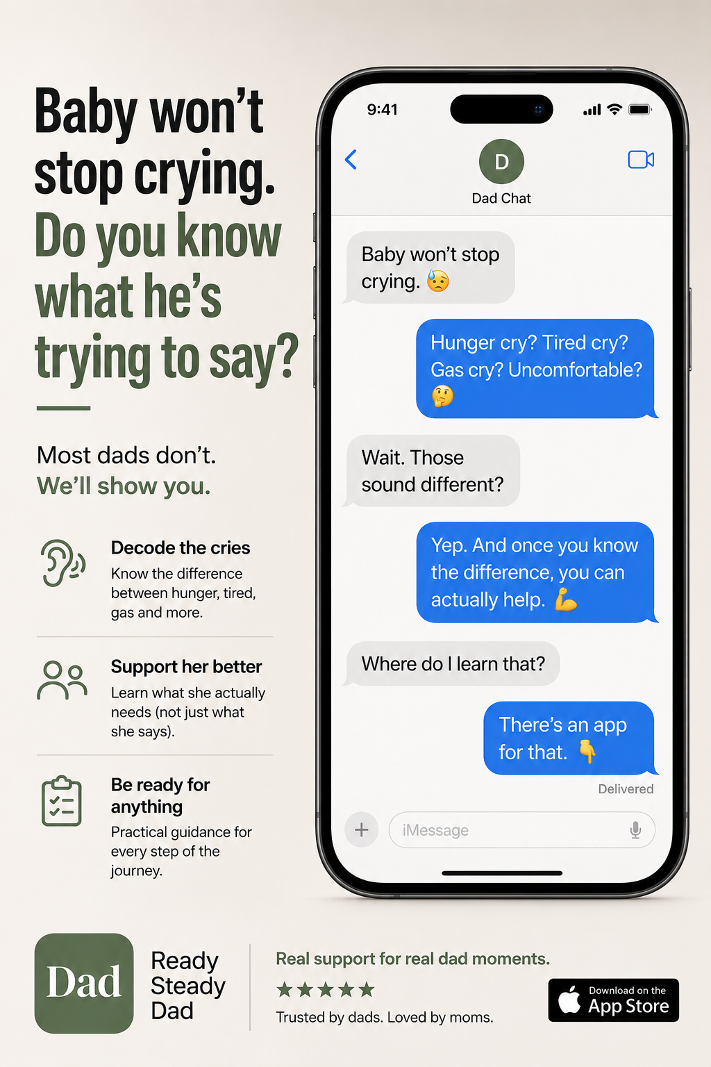Ready Steady Dad Facebook ad: Baby Won't Stop Crying?