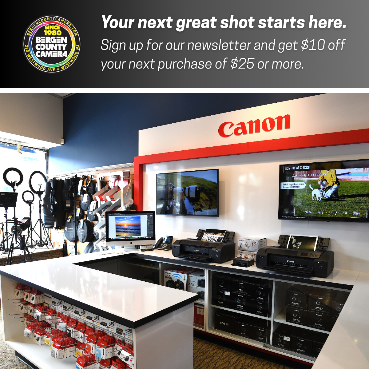 Bergen County Camera Facebook ad: Stay In Focus & Save!