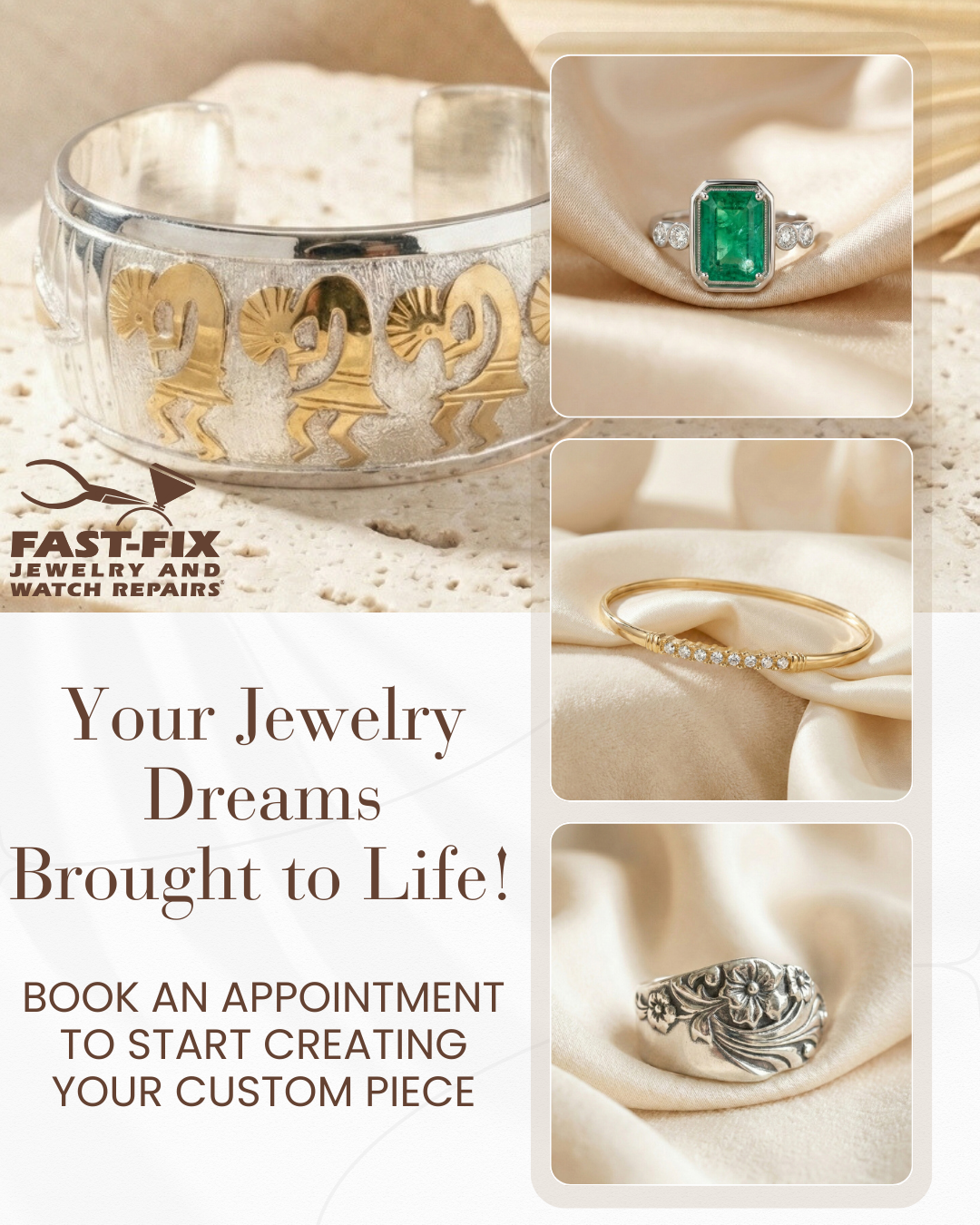 Fast-Fix Jewelry & Watch Repairs Sarasota Facebook ad: Custom Designs to Elevate Any Moment