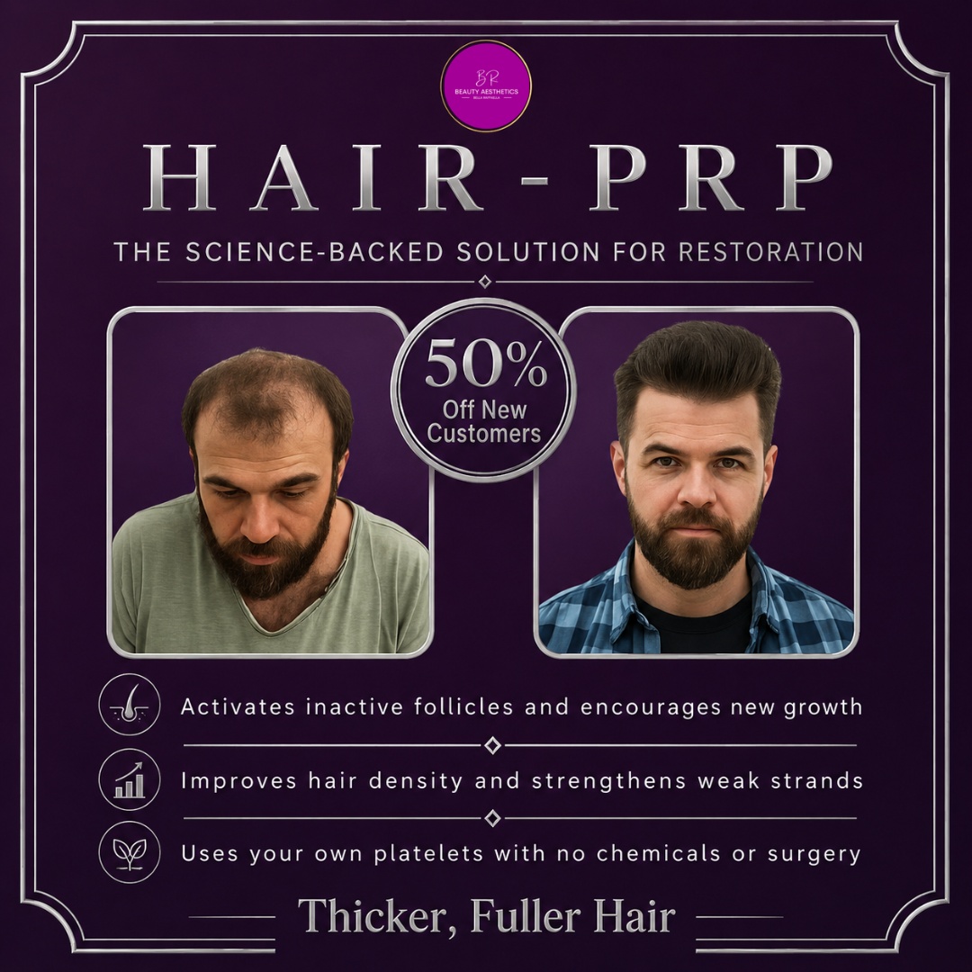 BR Beauty Aesthetics Facebook ad: 50% OFF Hair PRP, Stimulate Hair Growth the Natural Way!