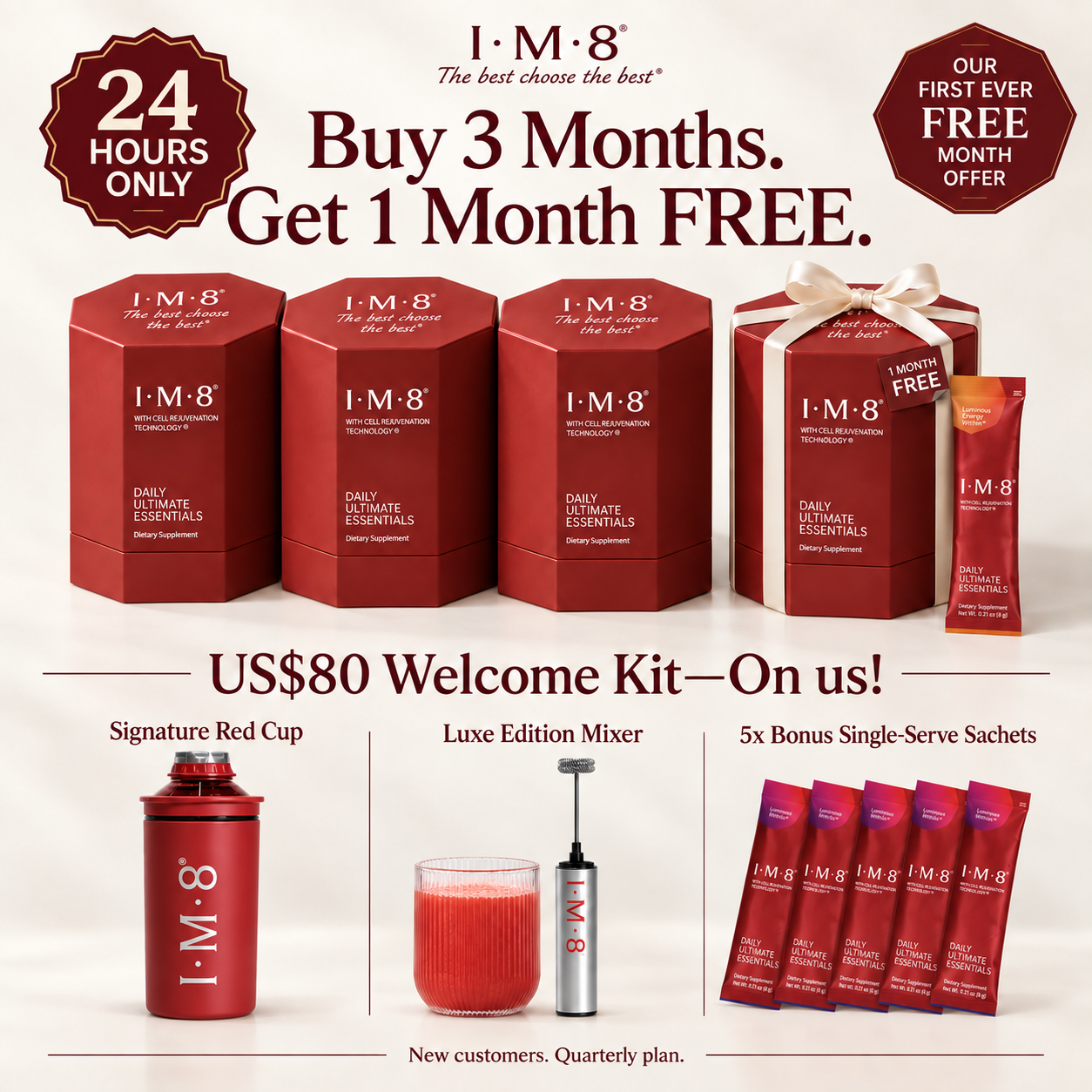 IM8 Facebook ad: Buy 3 months. Get 1 month free.