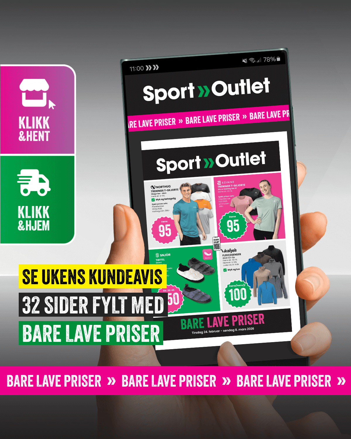 Sport Outlet Facebook ad: Stort utvalg varme vinterklær, skiutstyr, kosttilskudd…