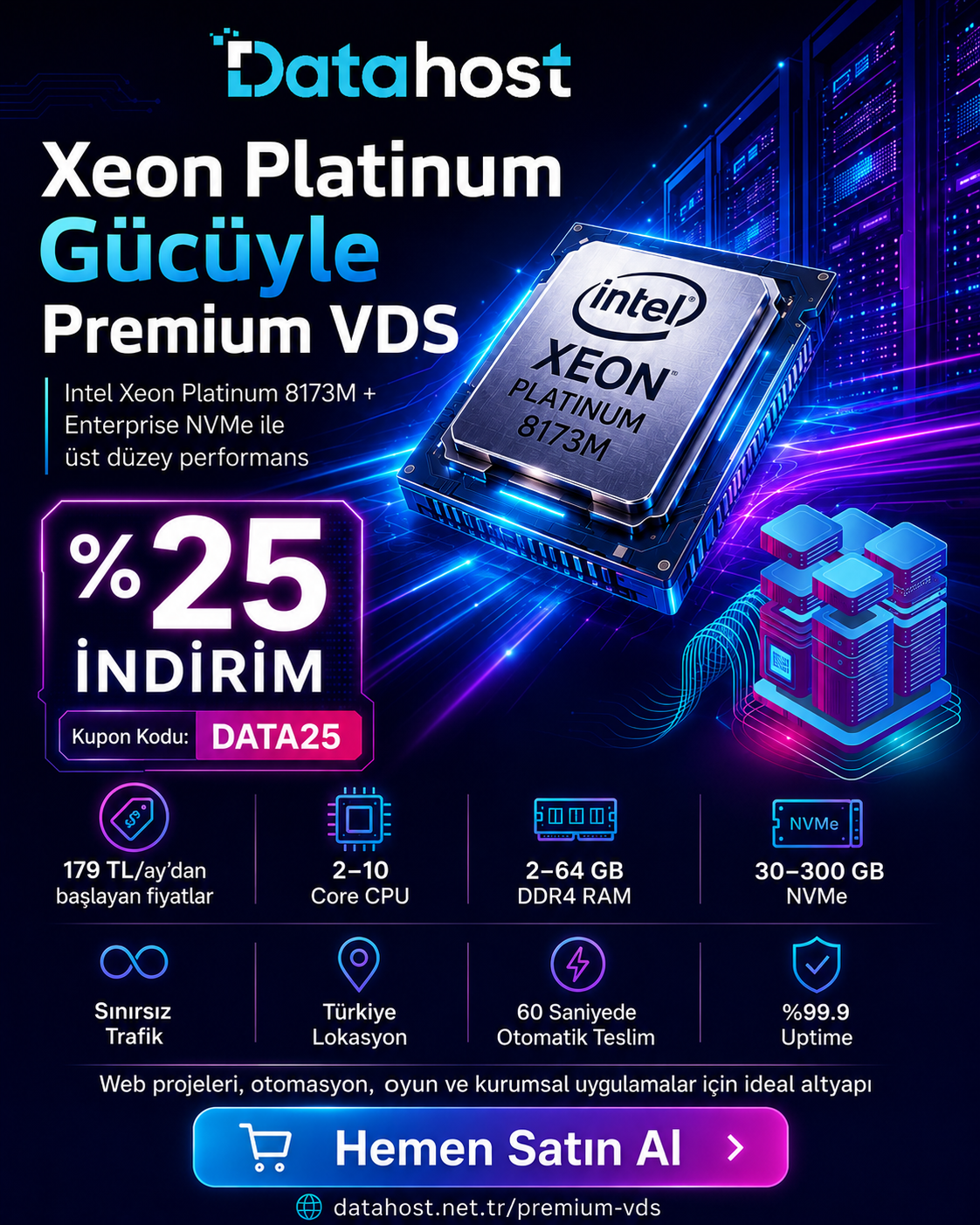 Datahost Bilisim Teknolojileri Facebook ad: Premium VDS'te %25 indirim, DATA25