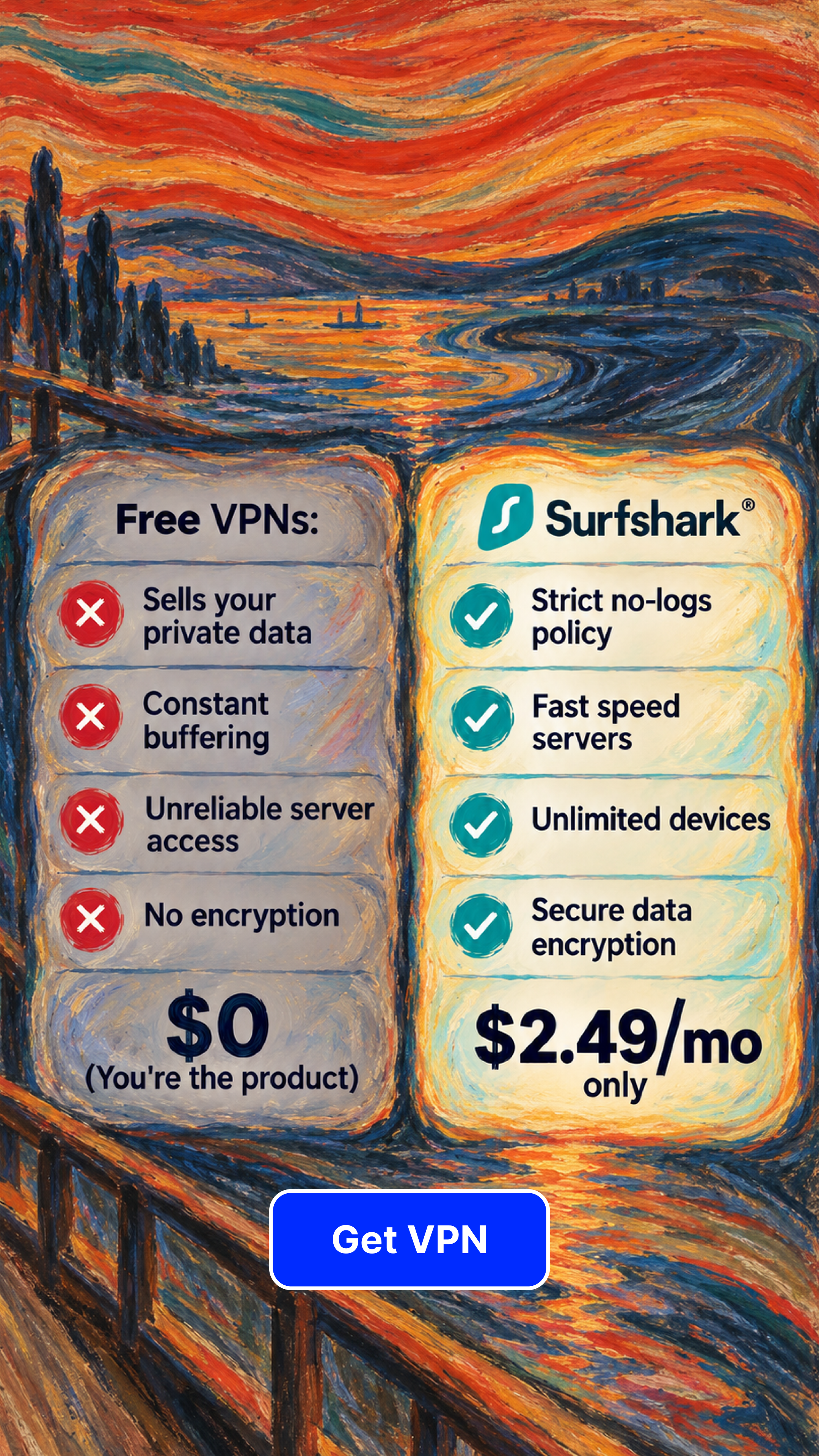 Surfshark Facebook ad: Surfshark up to 85% off + 3 months extra