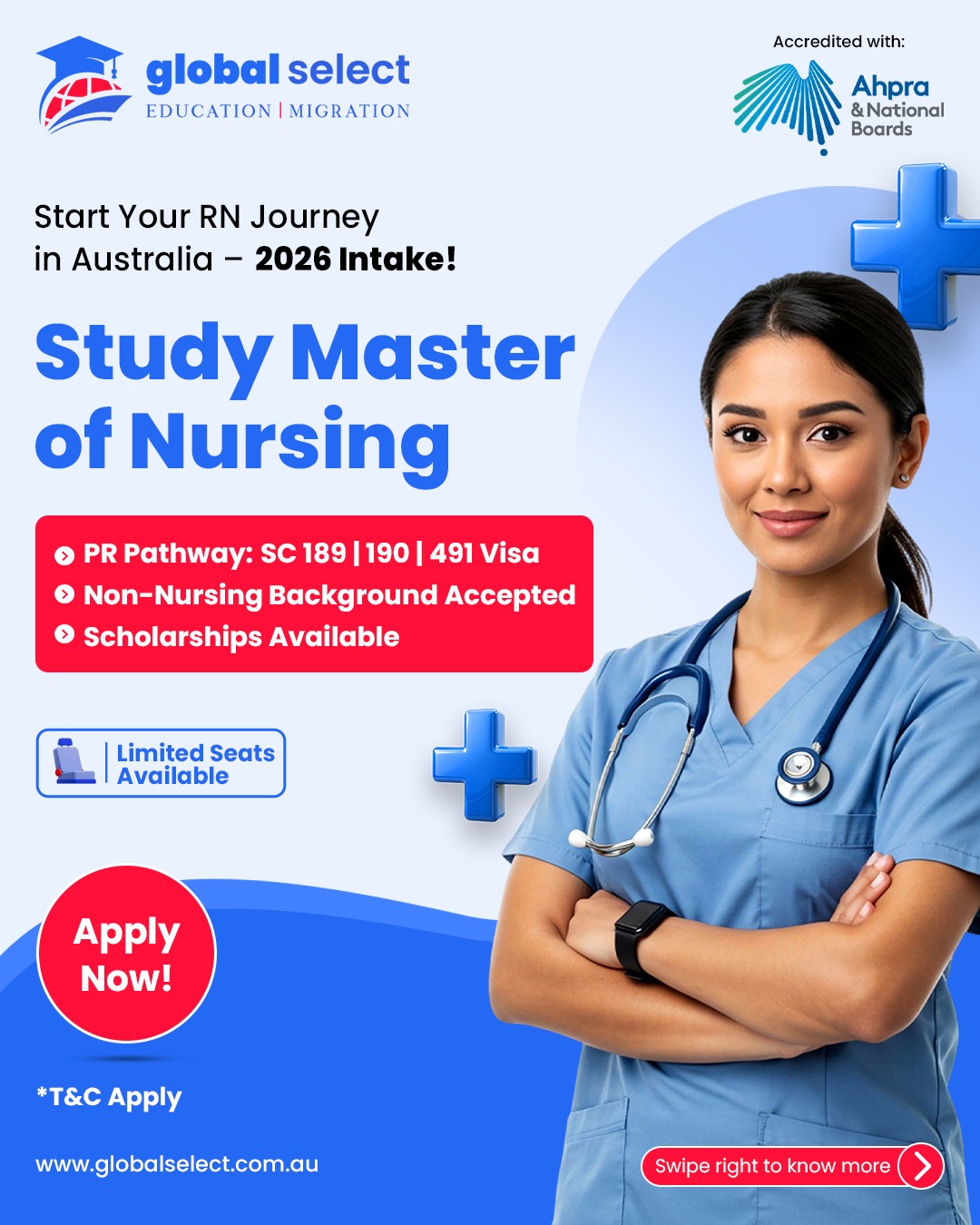 Global Select Education and Migration Services Facebook ad: Become a Registered Nurse in Australia, Your PR…