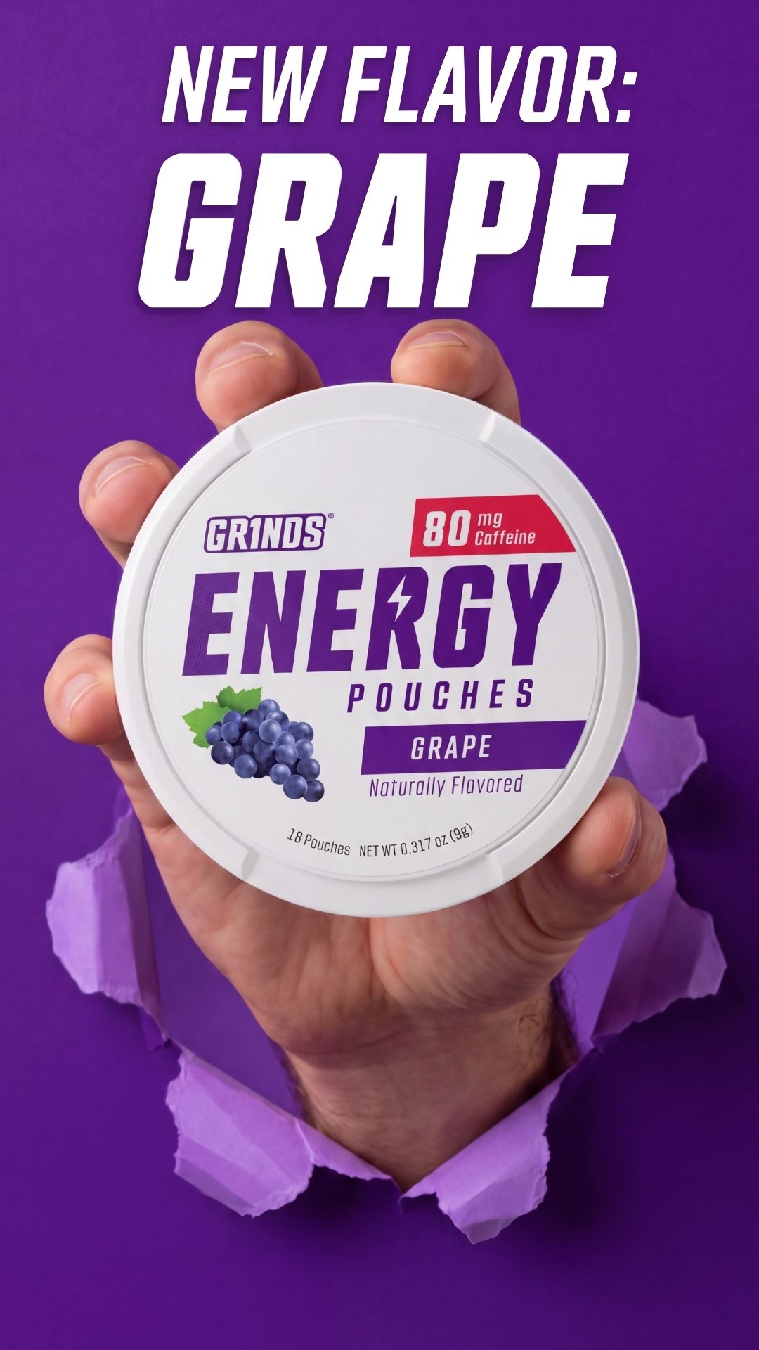 Grinds Pouches Facebook ad: Flavor & Energy. Anytime. Anywhere