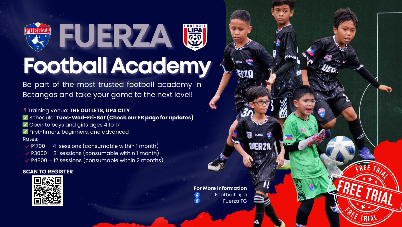 Football Lipa Facebook ad: Train with Fuerza Football Academy in LIPA CITY!