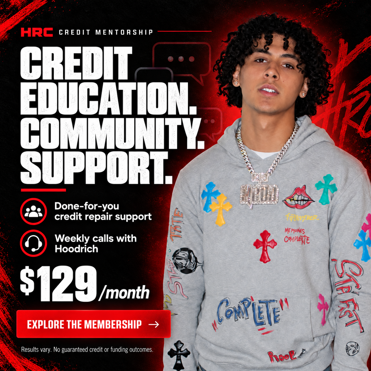 Hoodrichcredit Facebook ad: Learn With HRC