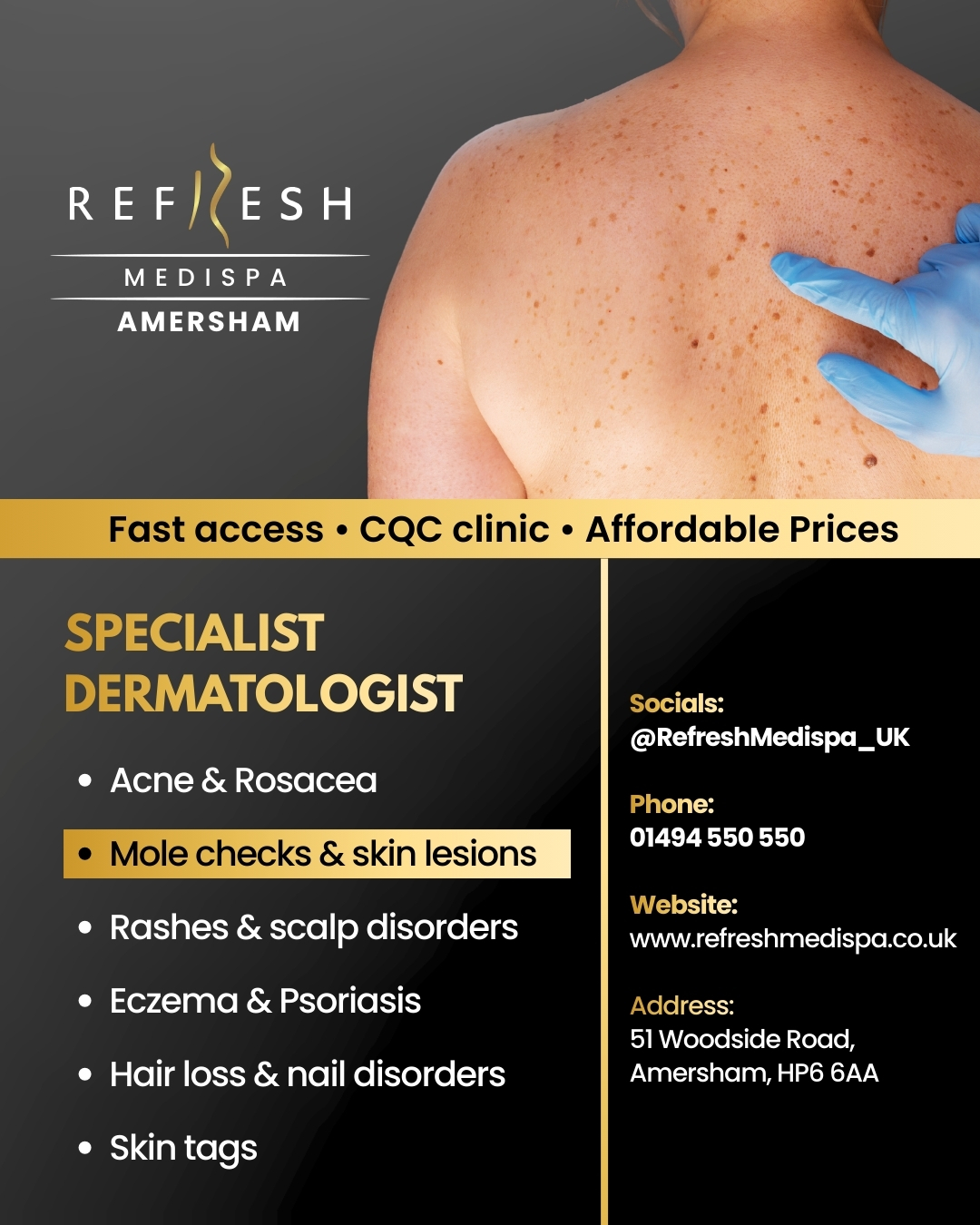 Refresh Medispa Amersham Facebook ad: See our Dermatology Specialist Fast