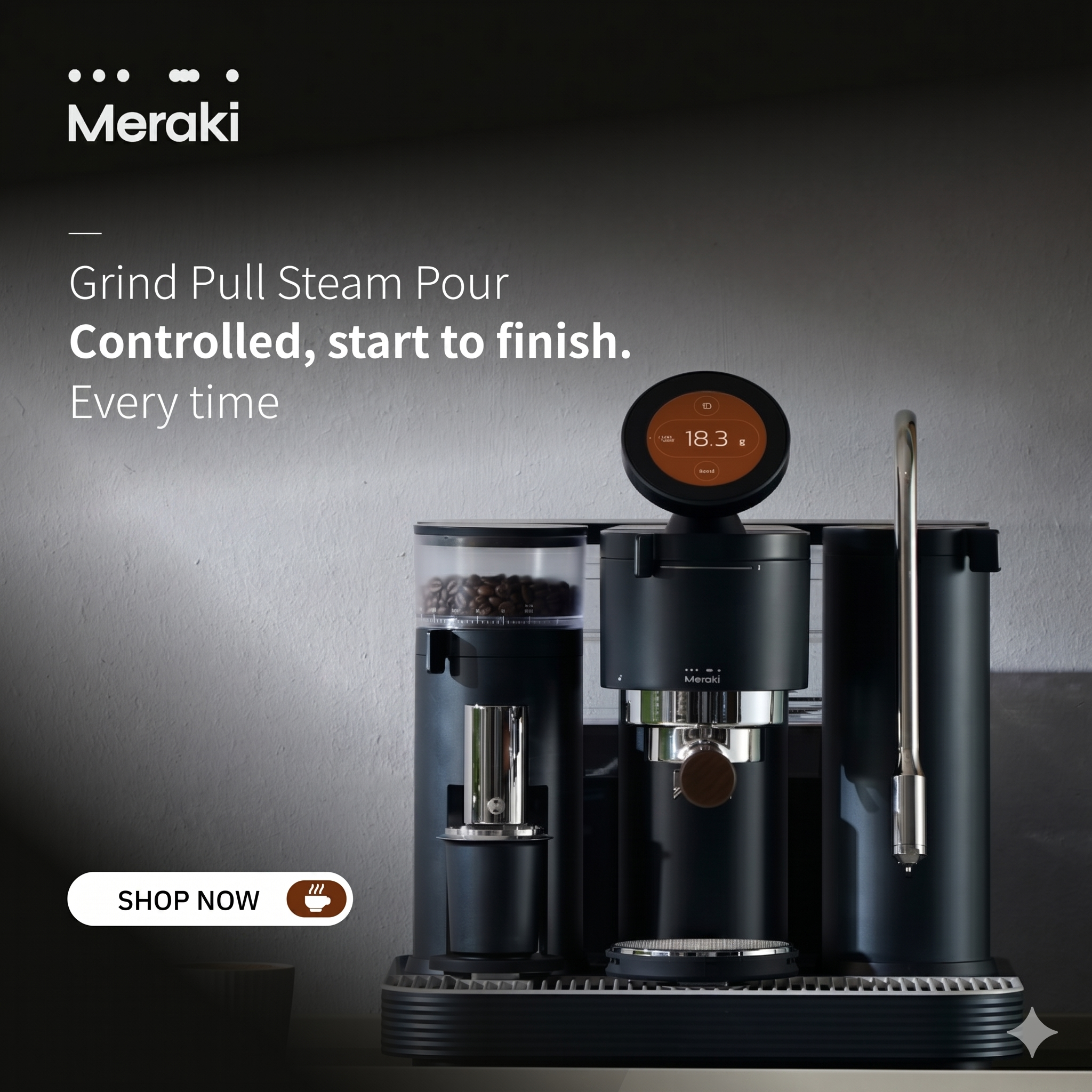 Meraki Tech Global Facebook ad: Grind. Pull. Steam.
