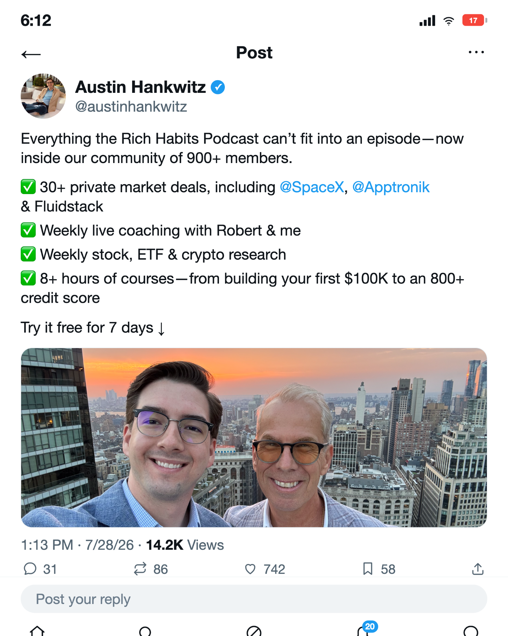 Rich Habits Podcast Facebook ad: Join 900+ Investors
