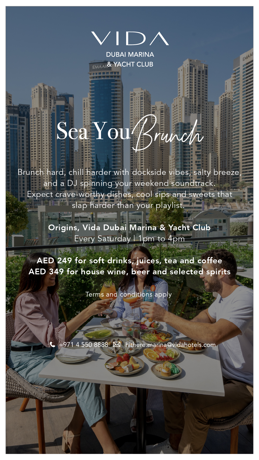 Vida Dubai Marina & Yacht Club Facebook ad: Marina breeze, dockside beats & plates that slap…