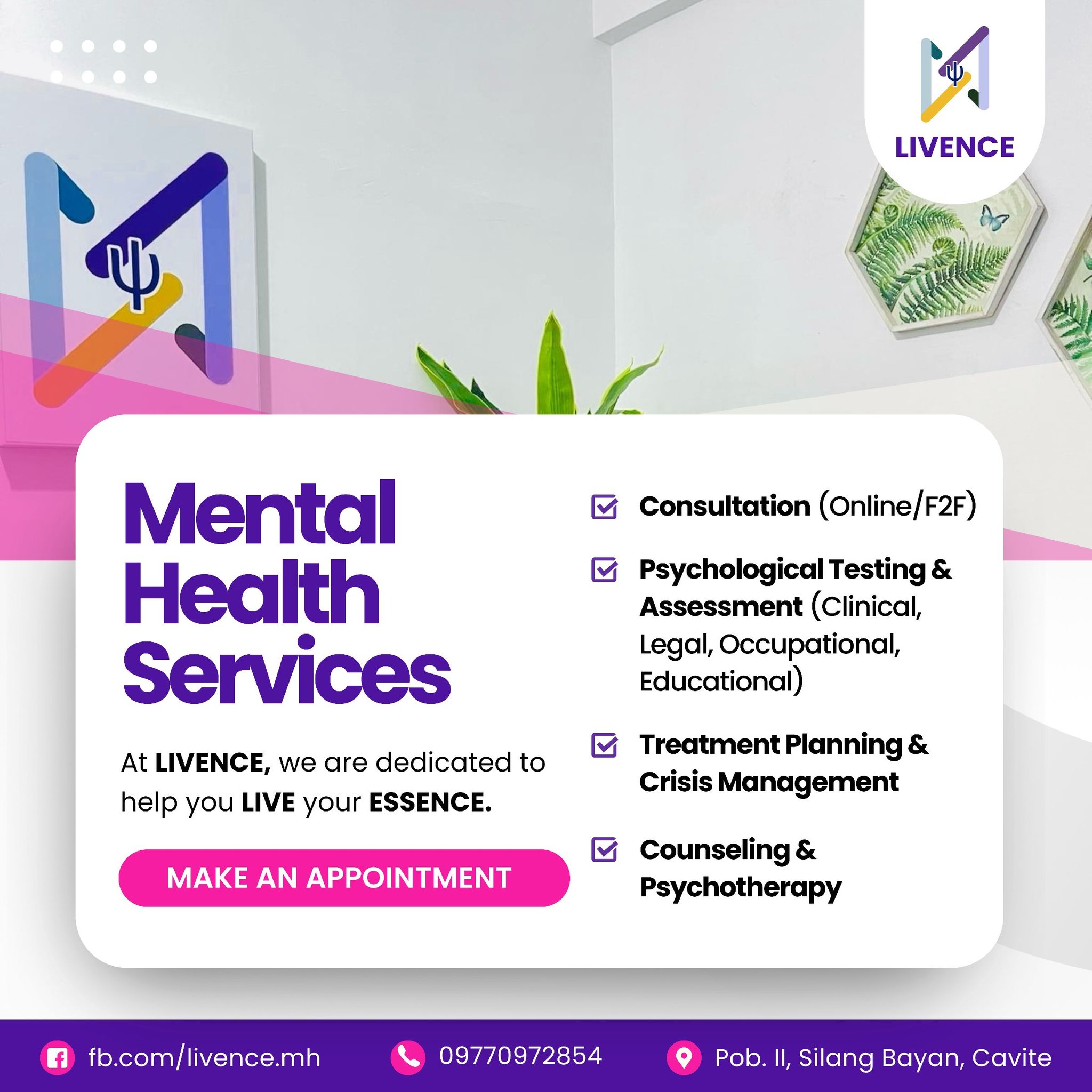 Livence Mental Health Facebook ad: PSYCHOLOGICAL SERVICES