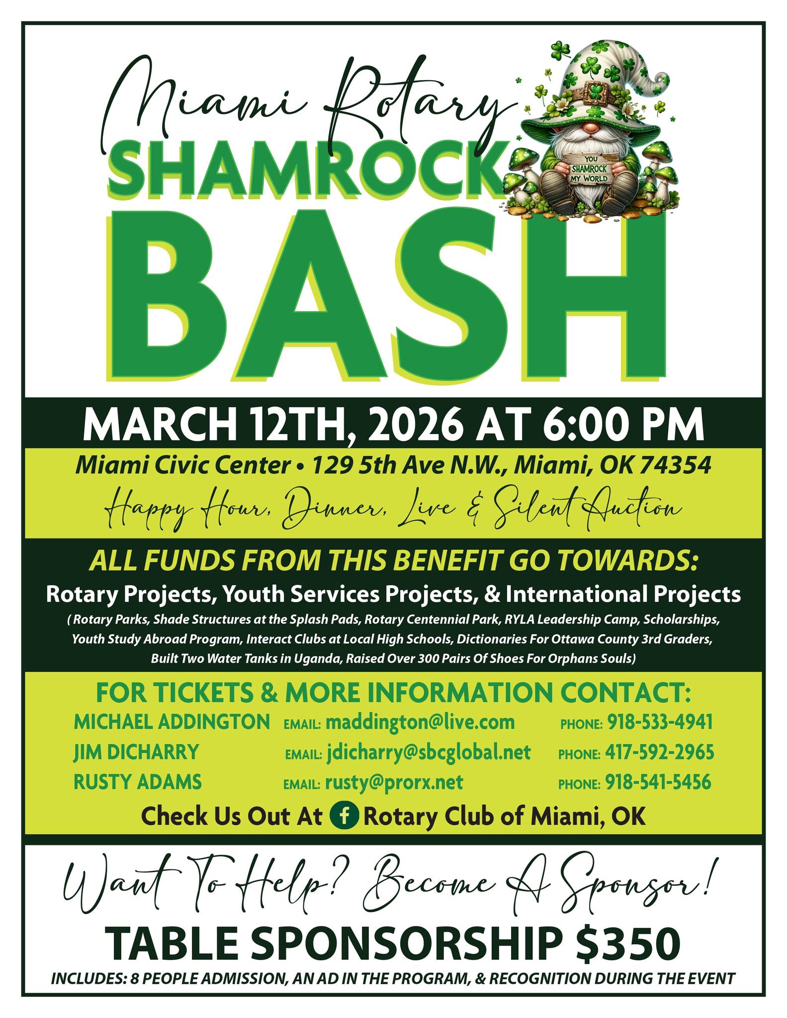 Rotary Club of Miami, OK Facebook ad: 3rd Annual Miami Rotary Shamrock Bash