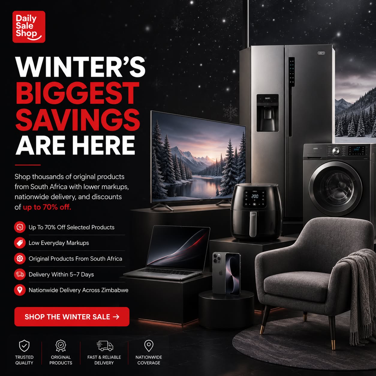 The Daily Sale Shop Zimbabwe Facebook ad: 70% DISCOUNTS TIS WINTER