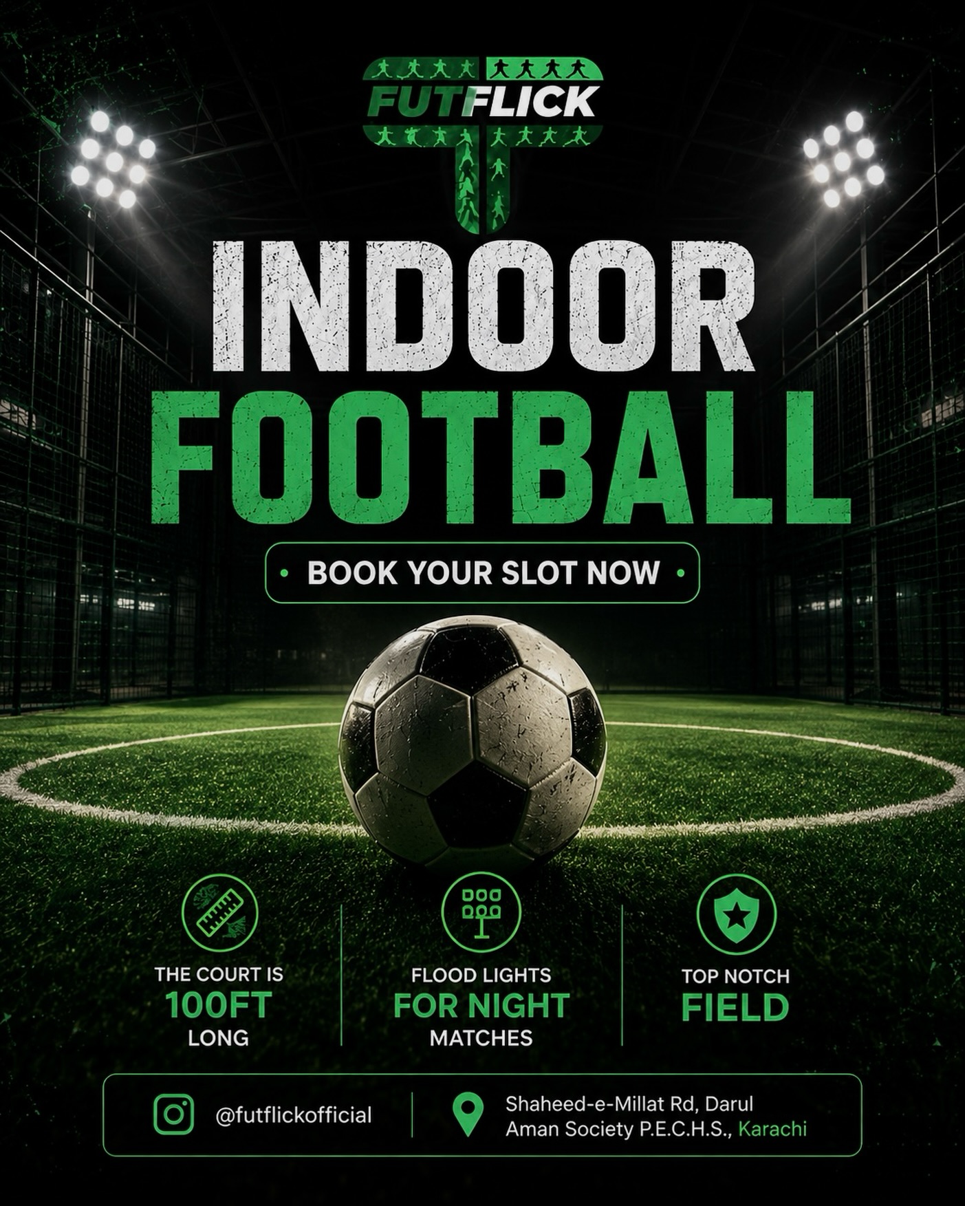 Futflick Facebook ad: Indoor football, bigger plays, better vibes.