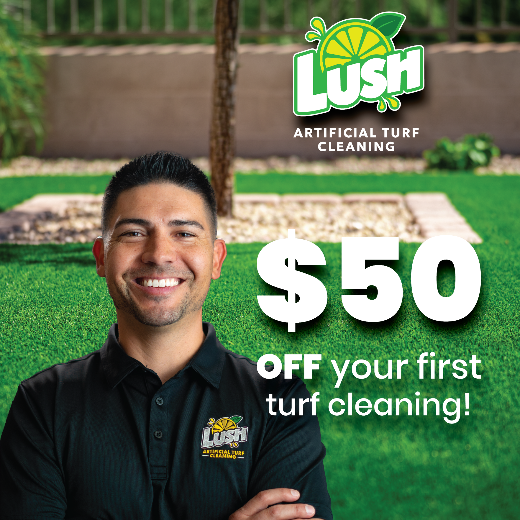 Lush Artificial Turf Cleaning Facebook ad from Mar 12, 2026