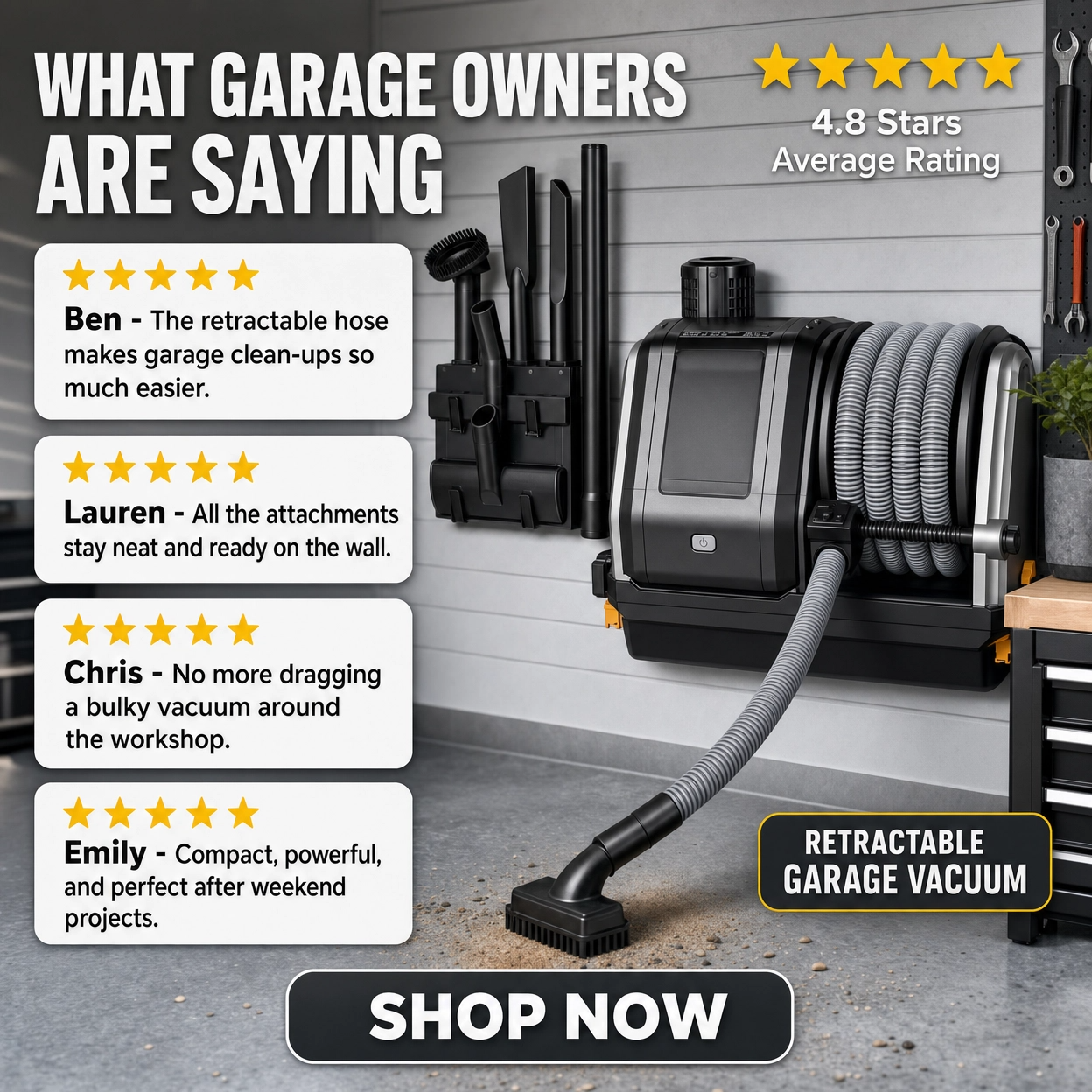 Connect Flooring Facebook ad: Transform Your Garage With Our Wall Mounted Vacuum!