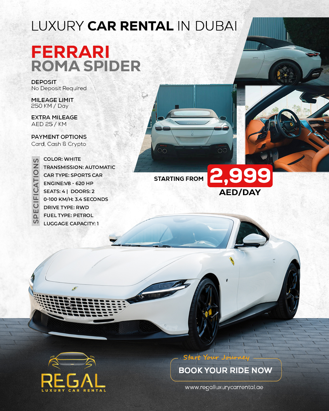 Regal Luxury Car Rental Facebook ad: ๐๐ก๐ข๐ญ๐. ๐๐จ๐ฐ๐๐ซ๐๐ฎ๐ฅ. ๐๐ง๐๐จ๐ซ๐ ๐๐ญ๐ญ๐๐๐ฅ๐.