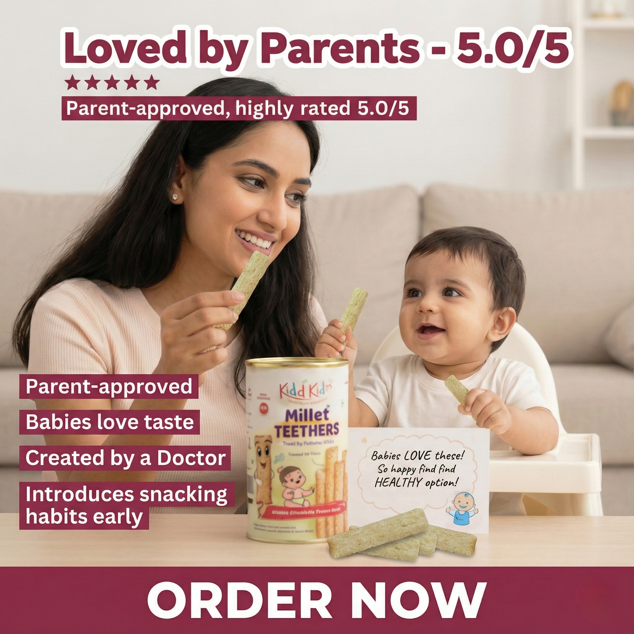 KiddiKind Facebook ad: Healthy & Tasty Teething snack for babies