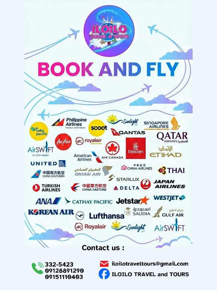 Iloilo Travel And Tours Facebook ad: BOOK AND FLY WITH ILOILO TRAVEL & TOURS!