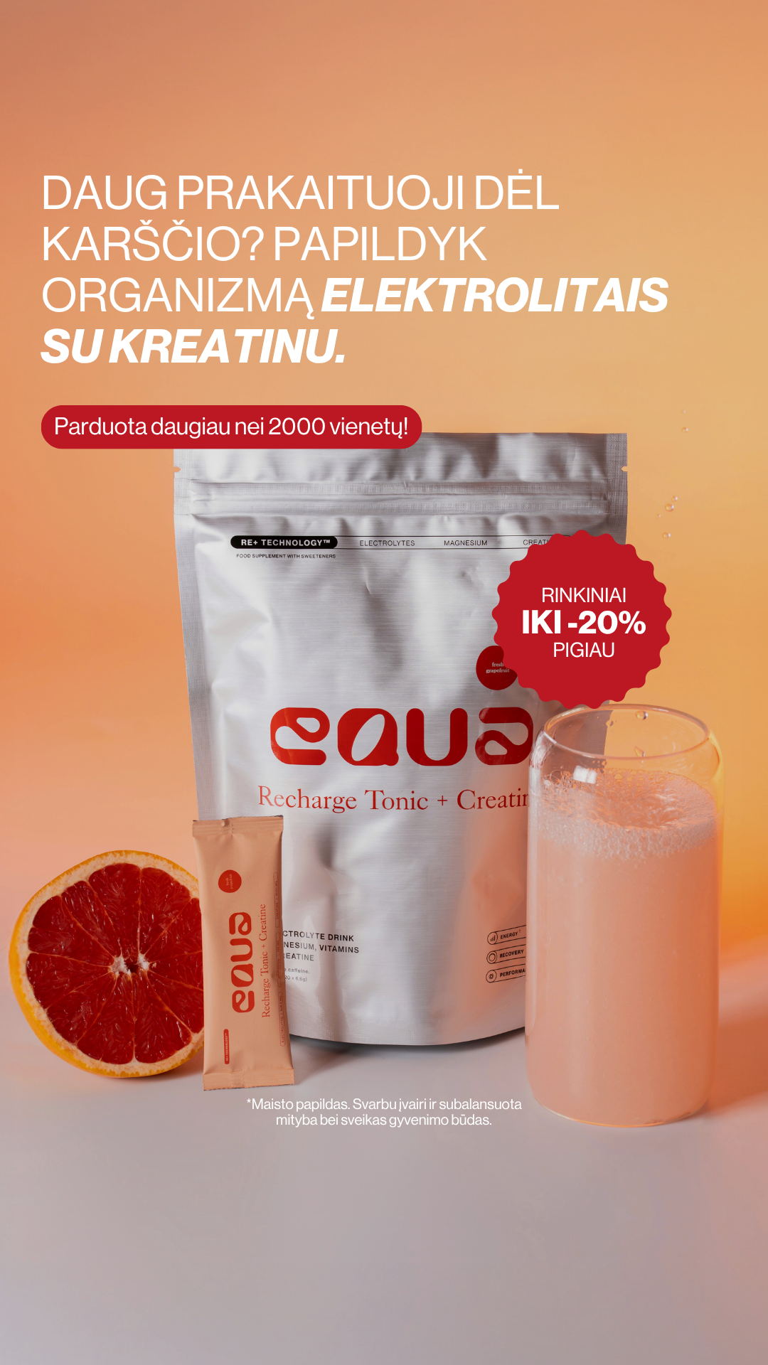 EQUA Lietuva Facebook ad: Unikalu: elektrolitai ir kreatinas viename
