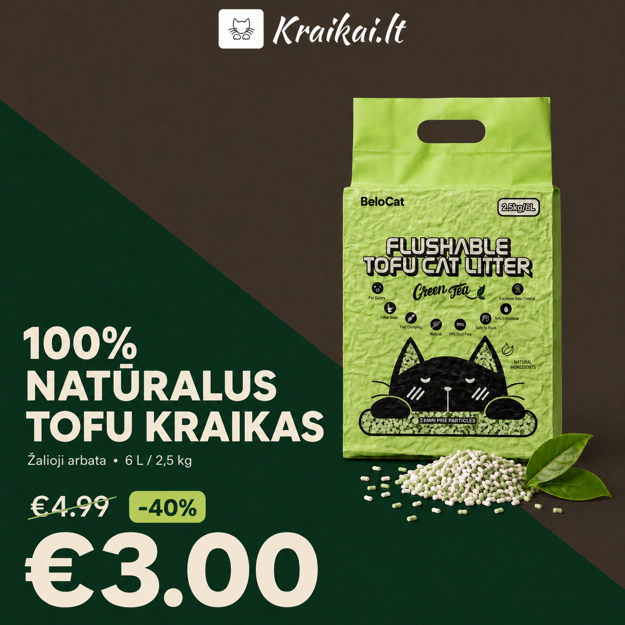 kraikai.lt Facebook ad: FLUSHABLE tofu kraikas -40%
