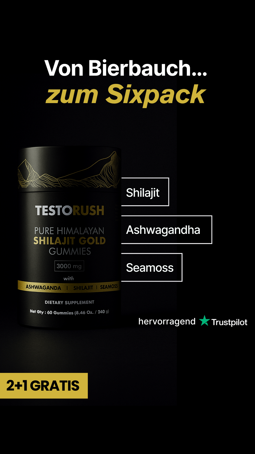 Testorush Facebook ad: 2 + 1 GRATIS!