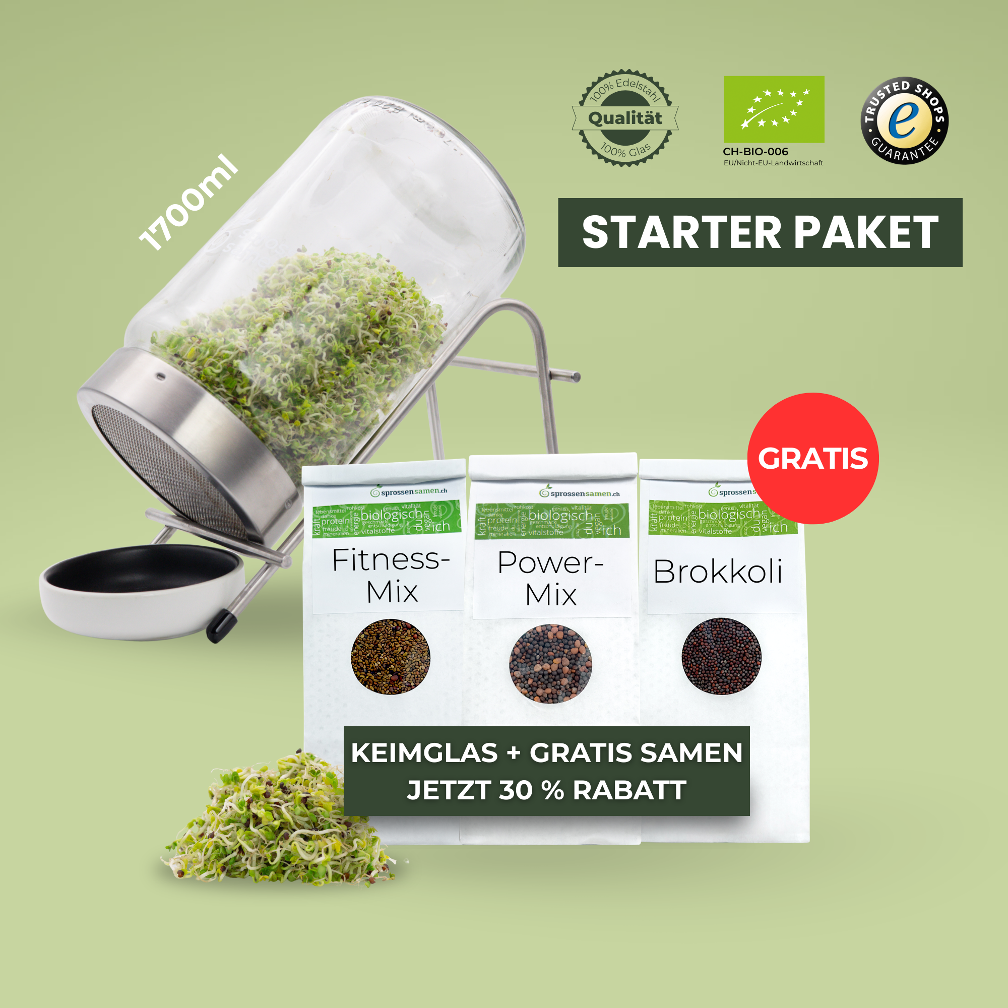 Sprossensamen by naturwerker Facebook ad: Frische Sprossen selbst ziehen mit 30% Ersparnis.