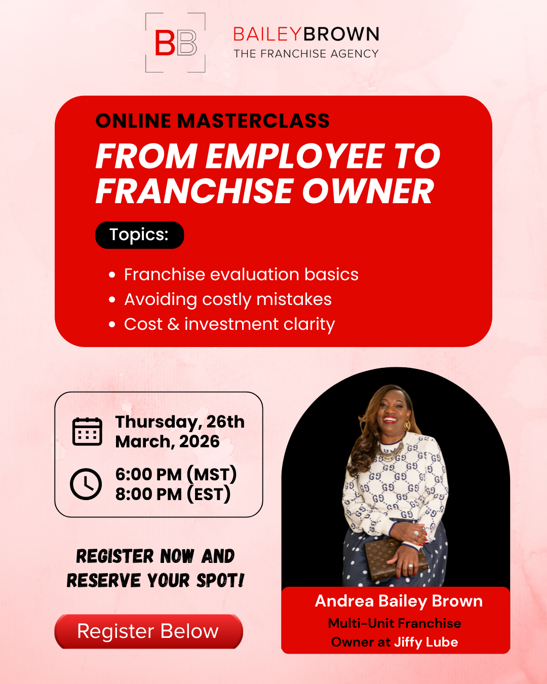 Bailey Brown The Franchise Agency Facebook ad: Join us Thursday March 26th at 6pm MST