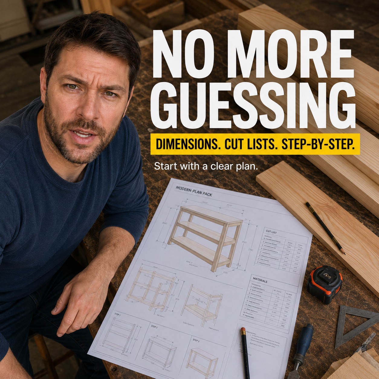Bevis Wood Club Facebook ad: 130+ beginner-friendly woodworking plans.